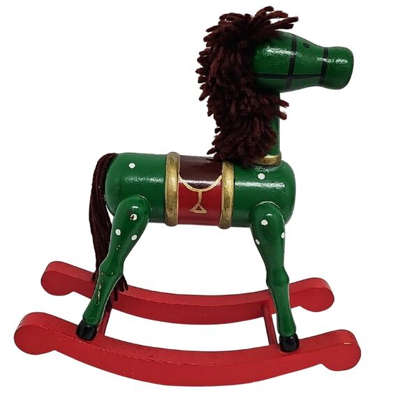 Vintage Classic Green and Red Wooden Rocking Horse w/Yarn Mane Christmas Decor - Picture 1 of 11